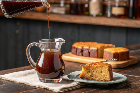 a delicious cake with maple syrup being poured on it for a sweet breakfast treat 83の写真素材
