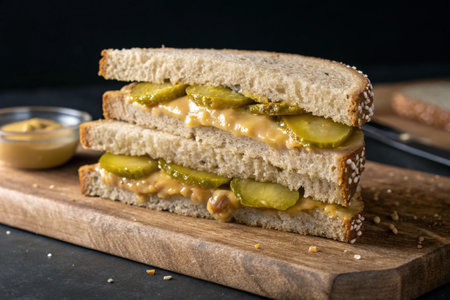 a peanut butter and pickle sandwich on a wooden board with mustard on the sideの写真素材