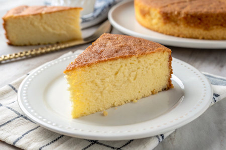 a slice of vanilla cake on a white plate, a delicious and simple dessert option.