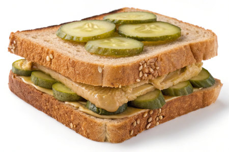 a delicious sandwich with pickles and mustard on whole wheat bread, close up shot 83charの写真素材