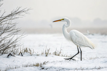 Great egret (Ardea alba) in the snowの写真素材
