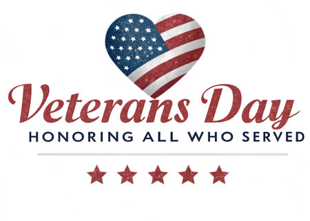 Veterans day message with heart and stars on a white background.