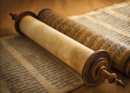 Old scroll on a brown background. Shallow depth of field.