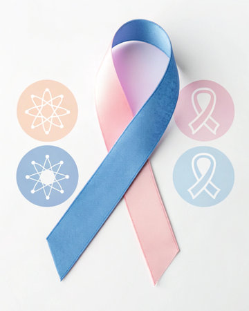 Blue and pink ribbon with symbol of breast cancer awareness on white backgroundの写真素材