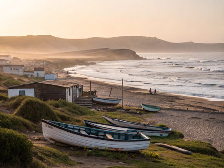 Fishing boats on the beach at sunset, Peniche, Portugalの写真素材