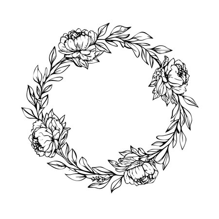 Hand drawn floral wreath with peony flowers. Vector illustration.のイラスト素材