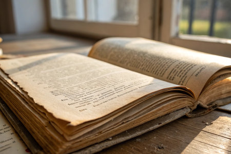 Open old book on a wooden table and a window in the background