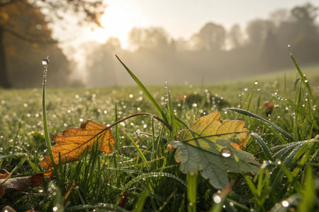 Morning dew on the grass in the meadow in autumn.