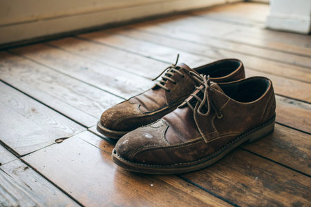 Old brown leather shoes on wooden floor, vintage and retro style.の写真素材