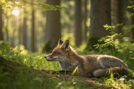 Red fox in the forest (Vulpes vulpes) at sunset