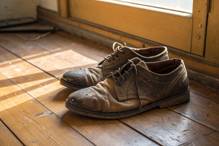 Old shoes on the wooden floor near the window. Selective focus.の写真素材