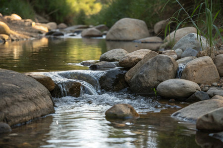 Water flowing over rocks in a small stream in the forest, natural background