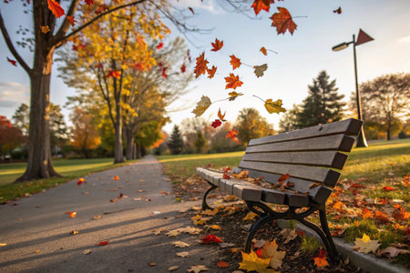 Park bench with fallen leaves on the ground in autumn, fall season