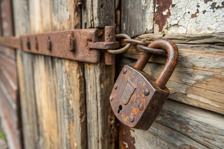 Old rusty padlock on an old wooden door, close-upの写真素材