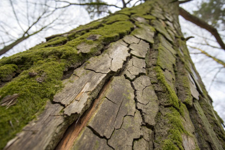 Old tree bark covered with green moss in the forest, close upの写真素材