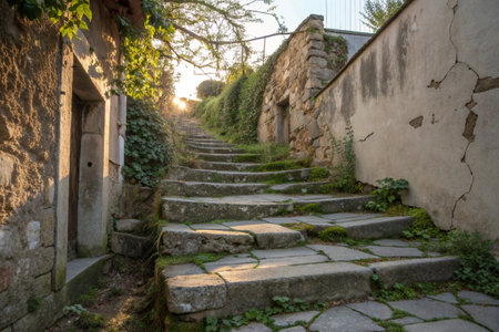 Old stone stairs in the village at sunset. Tbilisi, Georgiaの写真素材