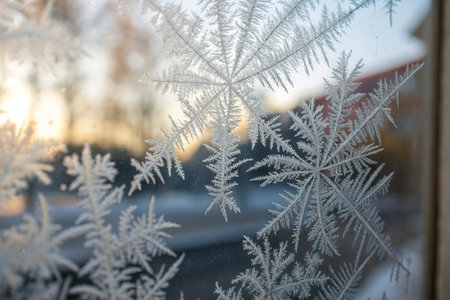 Frosty natural pattern on winter window glass. Beautiful winter background