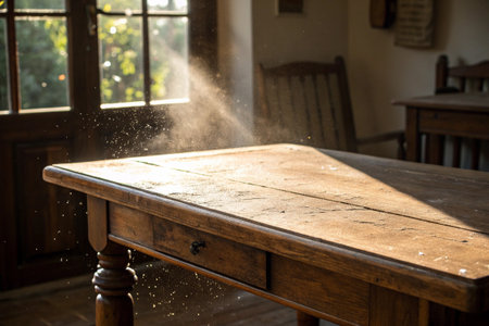 Wooden table with spray of waterの写真素材