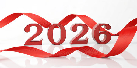 A red ribbon wraps around 2026 for a new year celebration