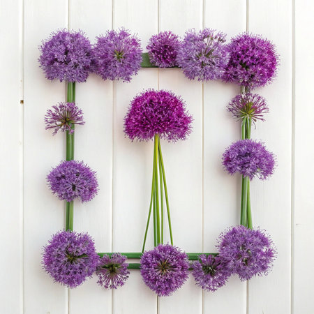 Purple Allium flowers arranged in a frame on white wooden backgroundの写真素材