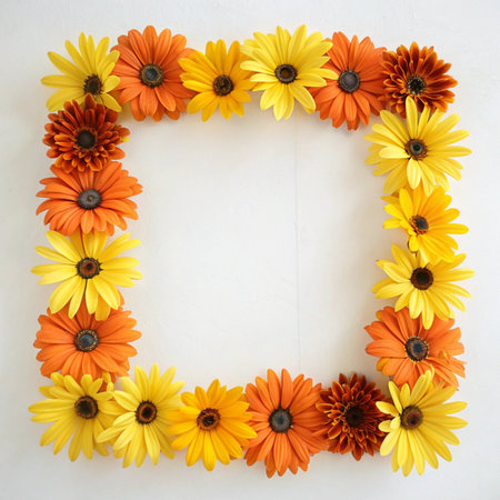 Frame of colorful flowers on white background. Flat lay, top view.の写真素材