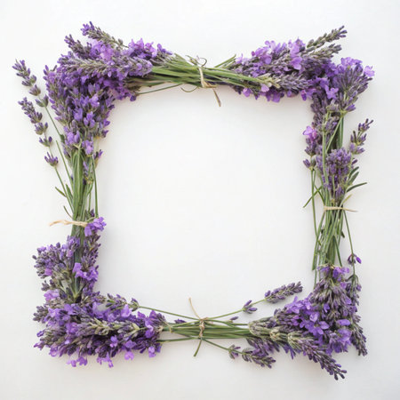 Frame made of lavender flowers on white background. Top view.の写真素材