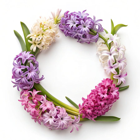 Beautiful hyacinth flowers on white background, top view. Space for textの写真素材