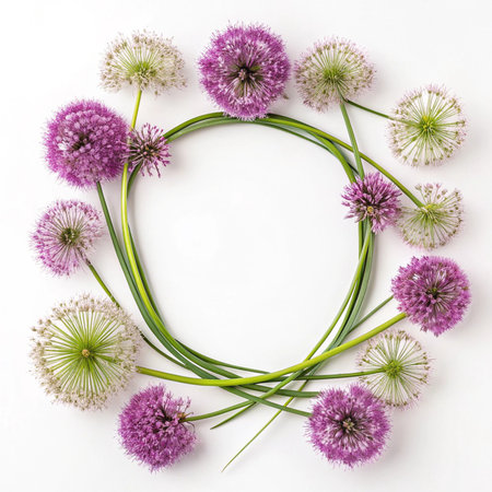 Round frame made of allium flowers on white background, top view