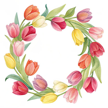 Watercolor spring floral wreath with tulips. Hand painted illustration.の写真素材