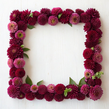 Frame made of pink dahlias on white wooden background. Flat lay, top viewの写真素材