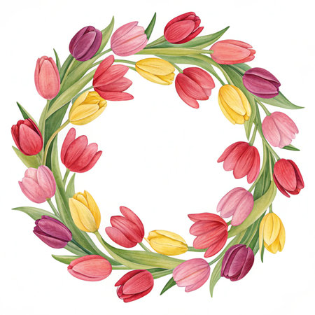 Hand drawn watercolor wreath with tulip flowers isolated on white backgroundの写真素材