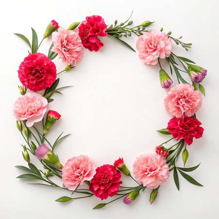 Flowers composition. Frame made of pink carnation flowers on white background. Flat lay, top view, copy spaceの写真素材