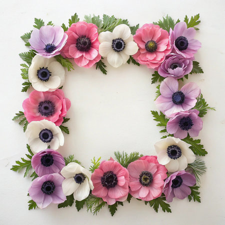 Flower frame with anemones and anemones on a white backgroundの写真素材
