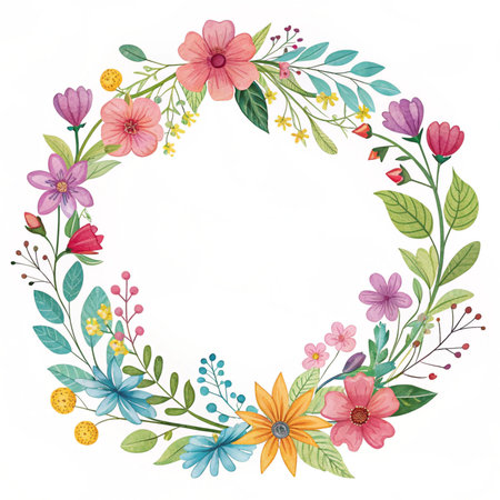 Watercolor floral wreath with flowers and leaves. Vector illustration.の写真素材
