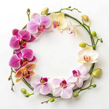 Orchid flowers on white background. Flat lay, top view.の写真素材