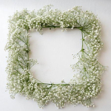 Frame made of gypsophila flowers on white background, top viewの写真素材