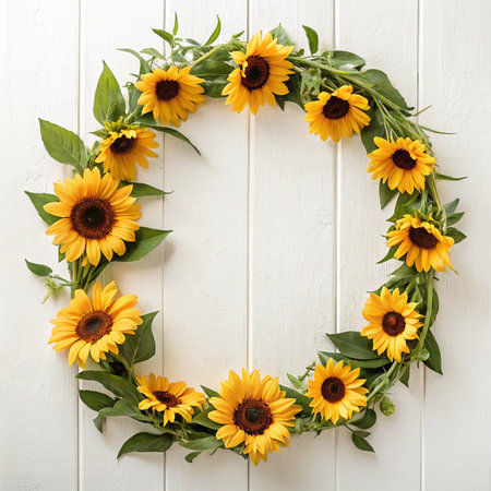 Wreath of yellow sunflowers on a white wooden background.の写真素材