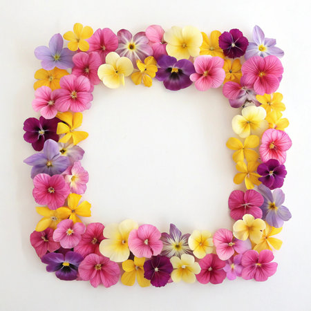 Flower frame with pansy flowers on white background, top viewの写真素材