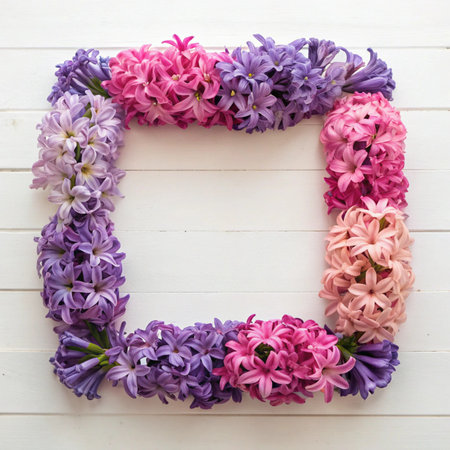 Beautiful hyacinth flowers frame on white wooden background, top viewの写真素材