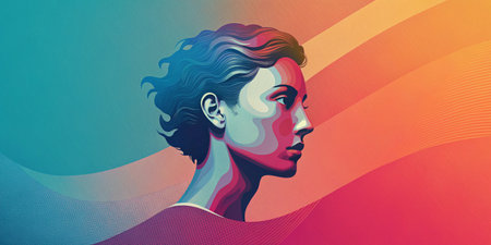 Portrait of a beautiful young woman with curly hair. Vector illustration.