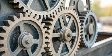 Gears and wheels of old machine close-up. Industrial background
