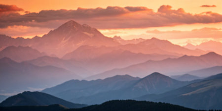 Mountain range at sunset. Panoramic view of the mountains.の写真素材