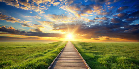 Sunset over green field with wooden walkway and blue sky.