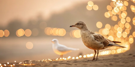 Seagulls on the beach with bokeh background.の写真素材
