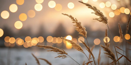 Golden winter background with bokeh defocused lights and reedの写真素材