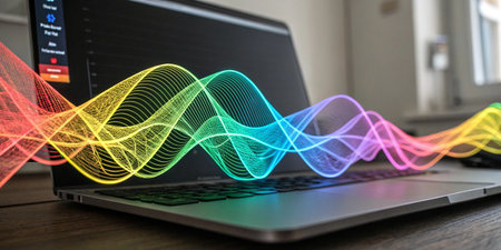 Laptop with colorful glowing lines on wooden table in office. Technology conceptの写真素材