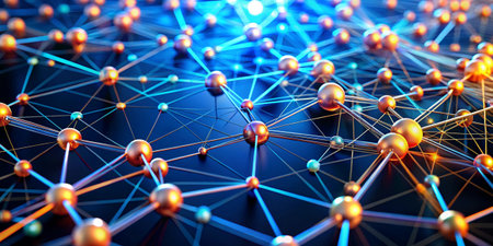 Abstract 3d rendering of chaotic network structure. Futuristic background with connecting dots and...