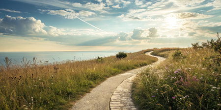 Beautiful summer landscape. Path along the sea coast at sunset.の写真素材