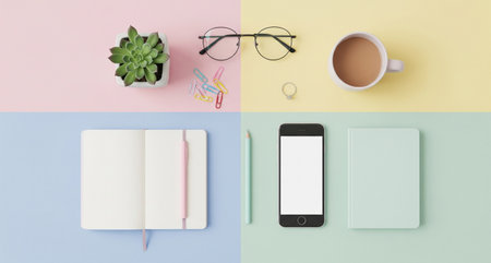 Flat lay photo of workspace with smartphone, notebook, eyeglasses and coffee cupの写真素材