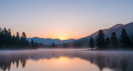 Beautiful sunrise over the lake in the mountains. Panorama.の写真素材